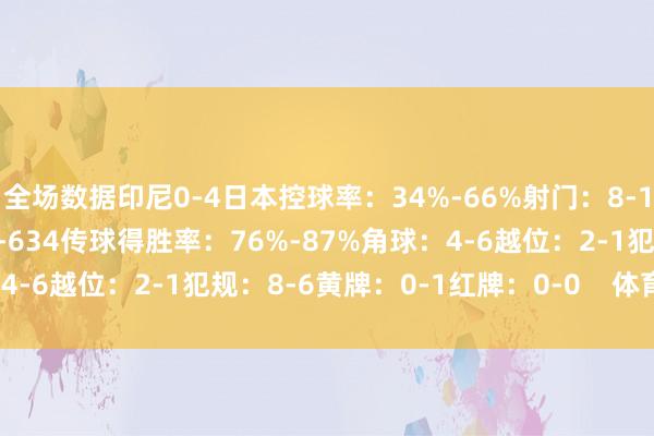 全场数据印尼0-4日本控球率：34%-66%射门：8-12射正：3-7传球：317-634传球得胜率：76%-87%角球：4-6越位：2-1犯规：8-6黄牌：0-1红牌：0-0    体育最新信息